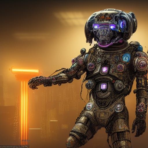 Cyberpunk Cyborg Labradoodle Soldier in Neon Cityscape