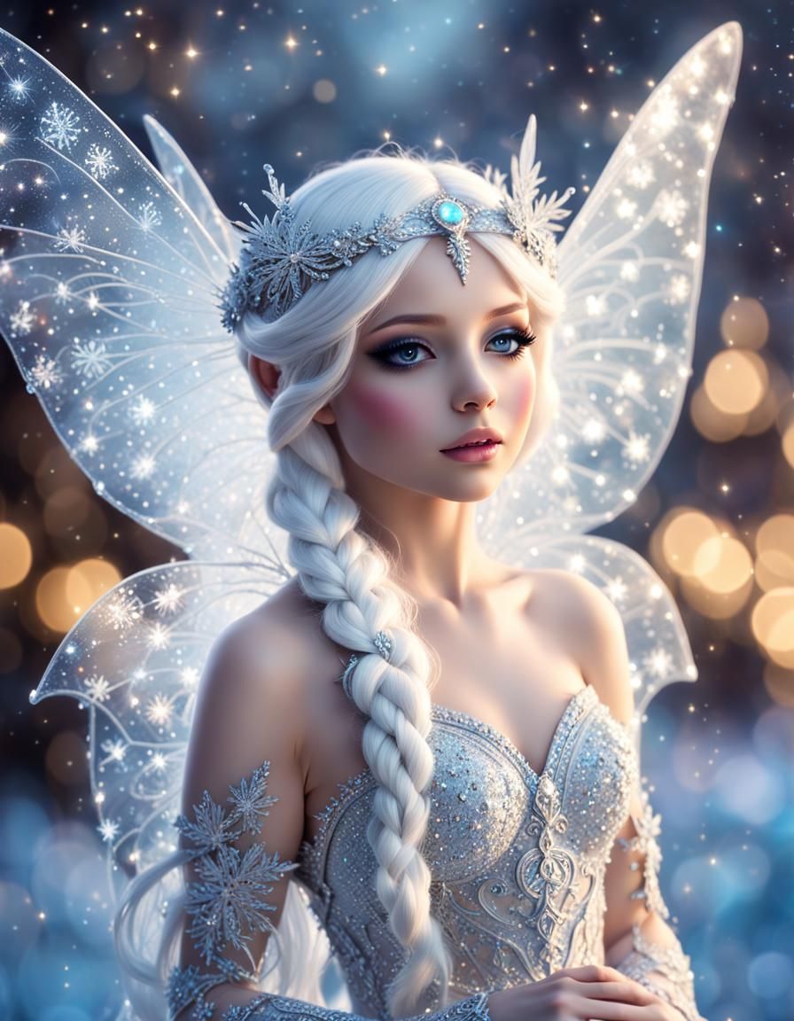 Beautiful Ice Fairy with Glittering Wings and Hair