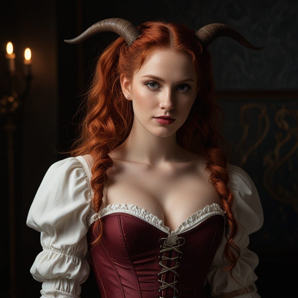 Long curly aubrn red  hair, beautiful woman, magical atmosphere. Wearing  a disheveled, knee length form fitting, skirt,...