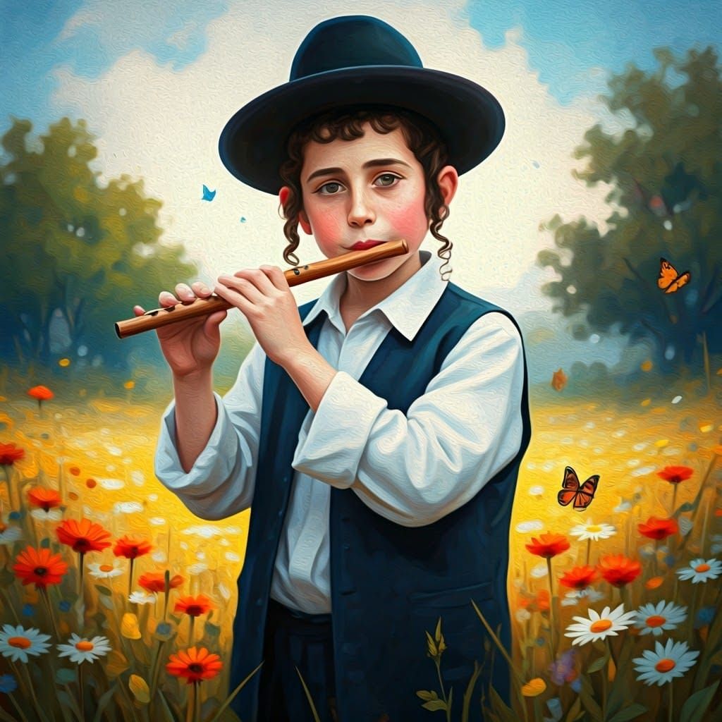 Young Ultra-Orthodox Boy Plays Flute in Vibrant Impressionis...