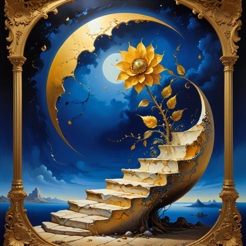 Surrealism in Vibrant Oil Painting: Half Moon with Golden Ac...