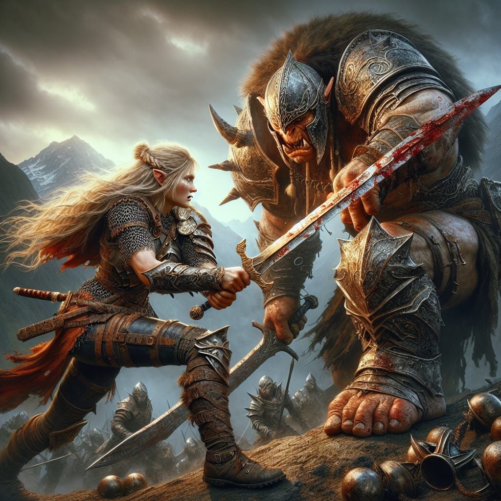 Nordic Warrior Battles Orc in High-Fantasy Style