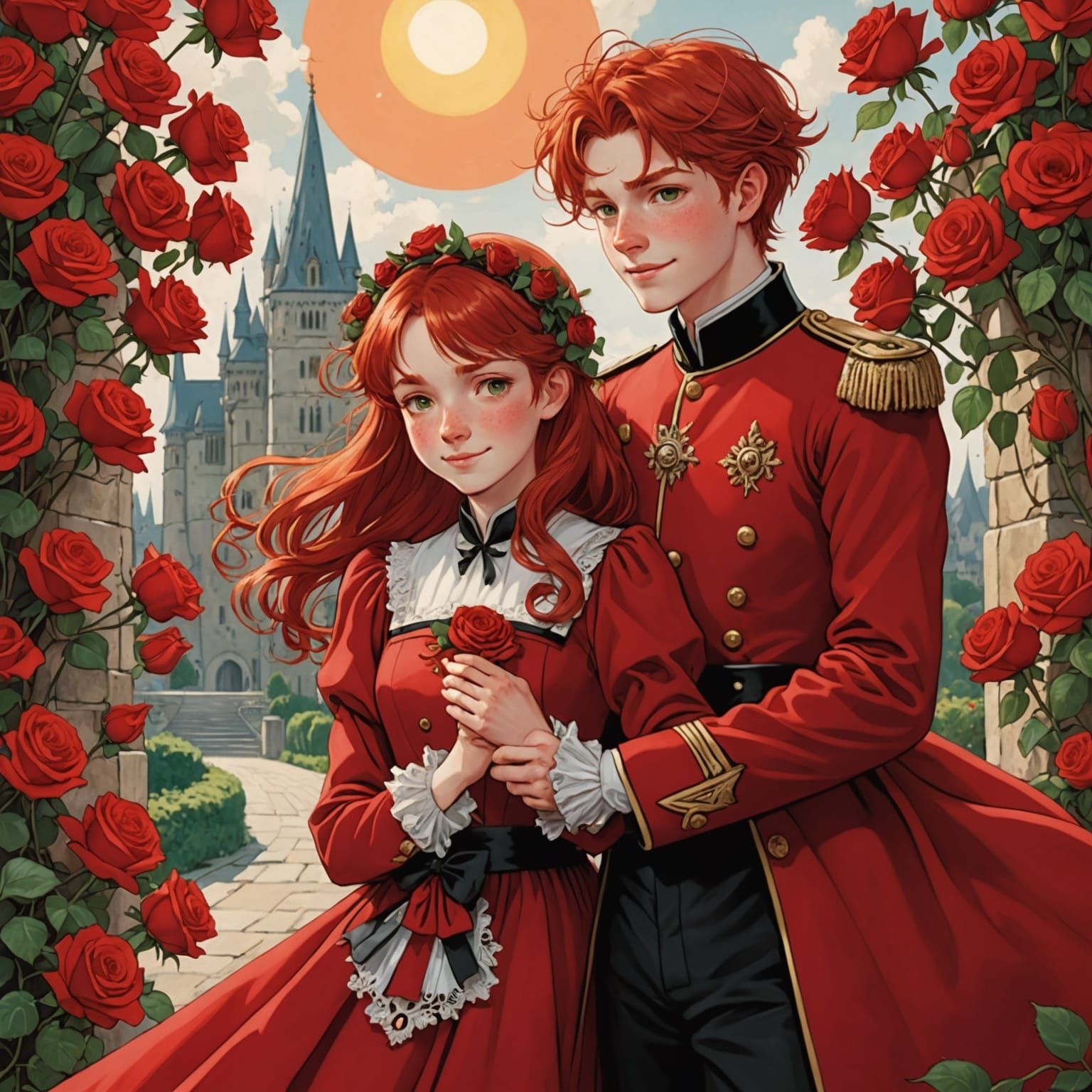 Red-Haired Children in Rose Garden, Anime Style
