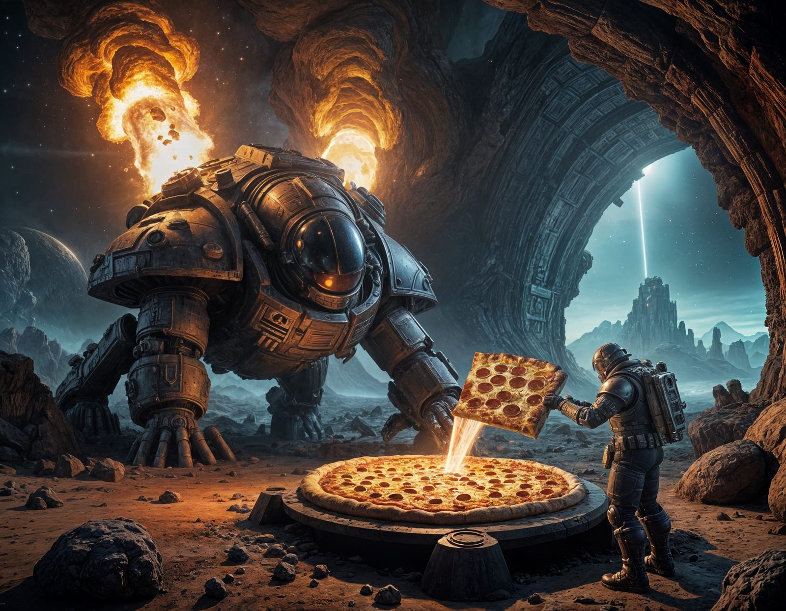 Space Marine Finds Alien Pizza Oven, Digital Matte Painting