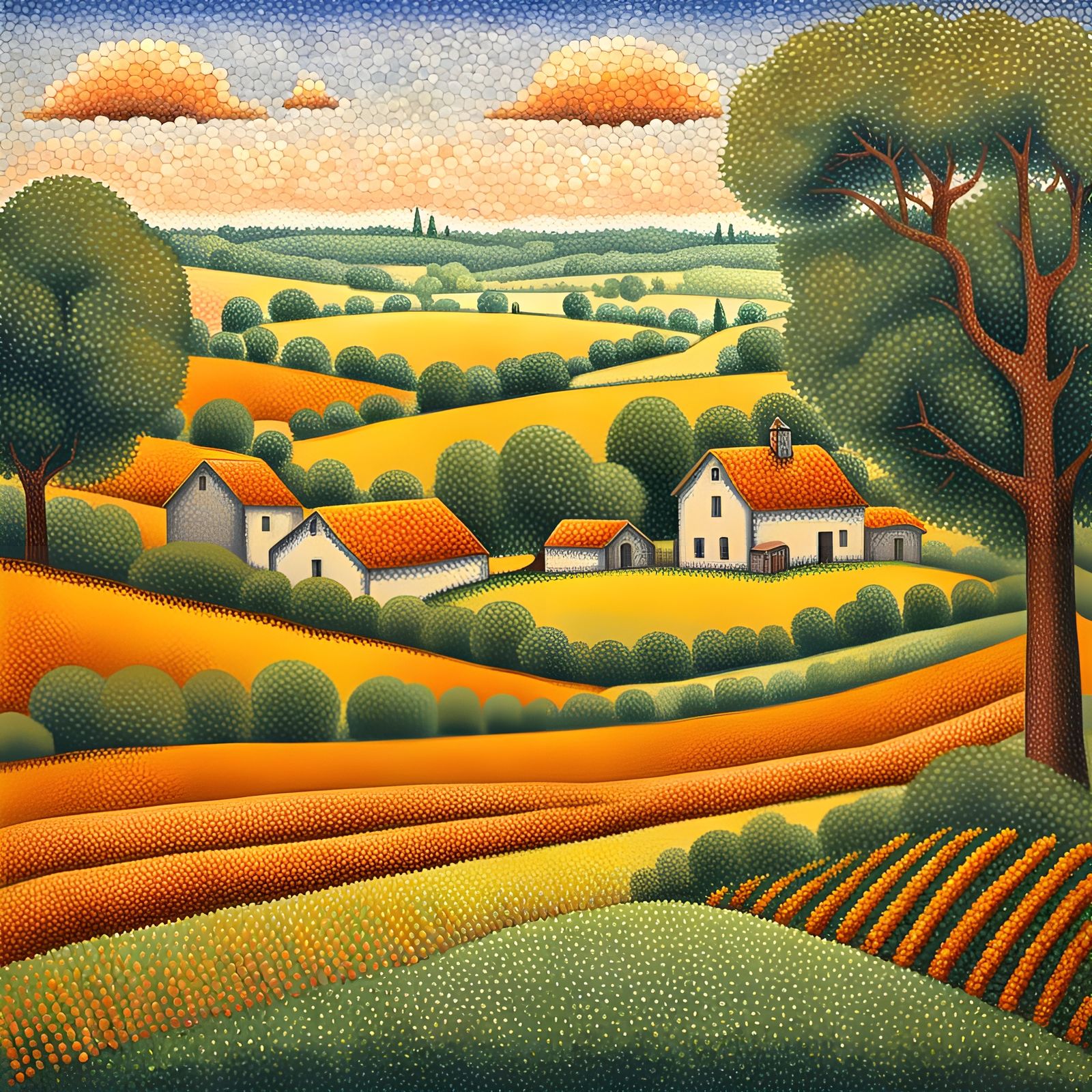 The Farm (pointillism, chromoluminarism, conté crayon)