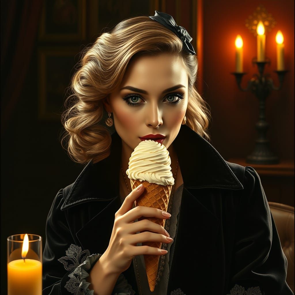 Elegantly Dressed Woman Savoring Ice Cream in a Chiaroscuro ...