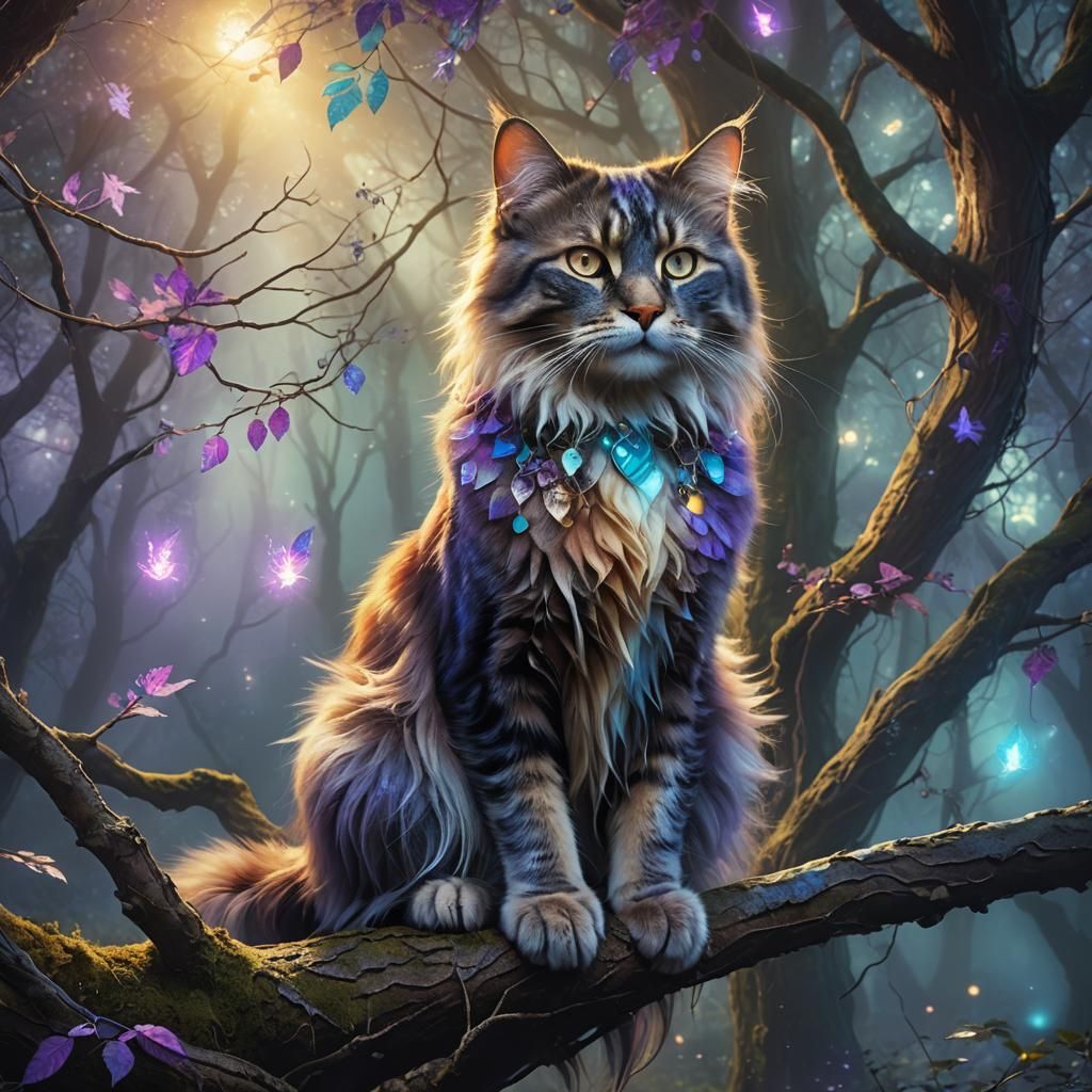 Ethereal Cat in Mystical Forest: Fantasy Matte Painting