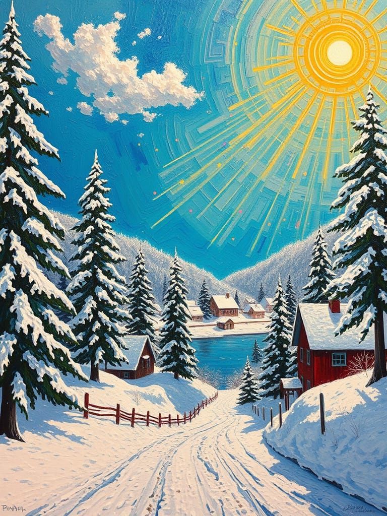 Serene Snowy Village Scene in Vibrant Neo-Impressionist Styl...