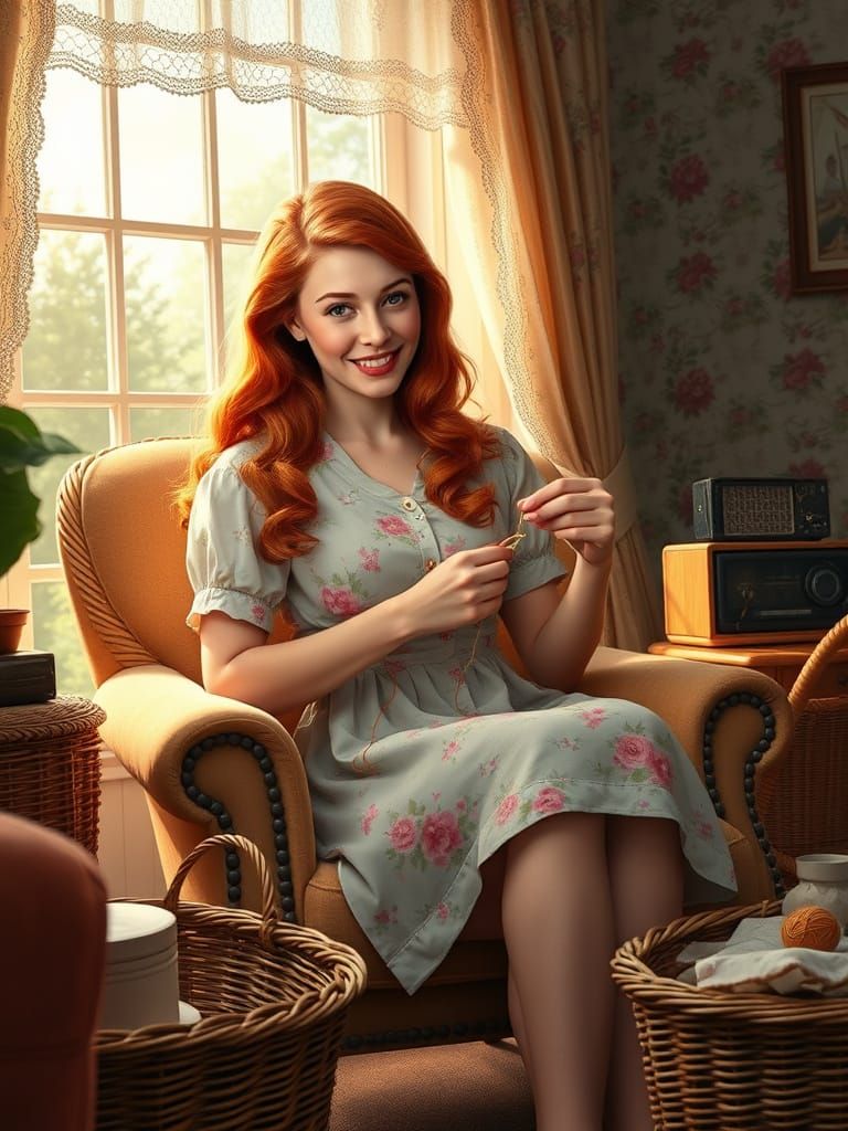 1950s Redhead Mending in a Cozy Living Room