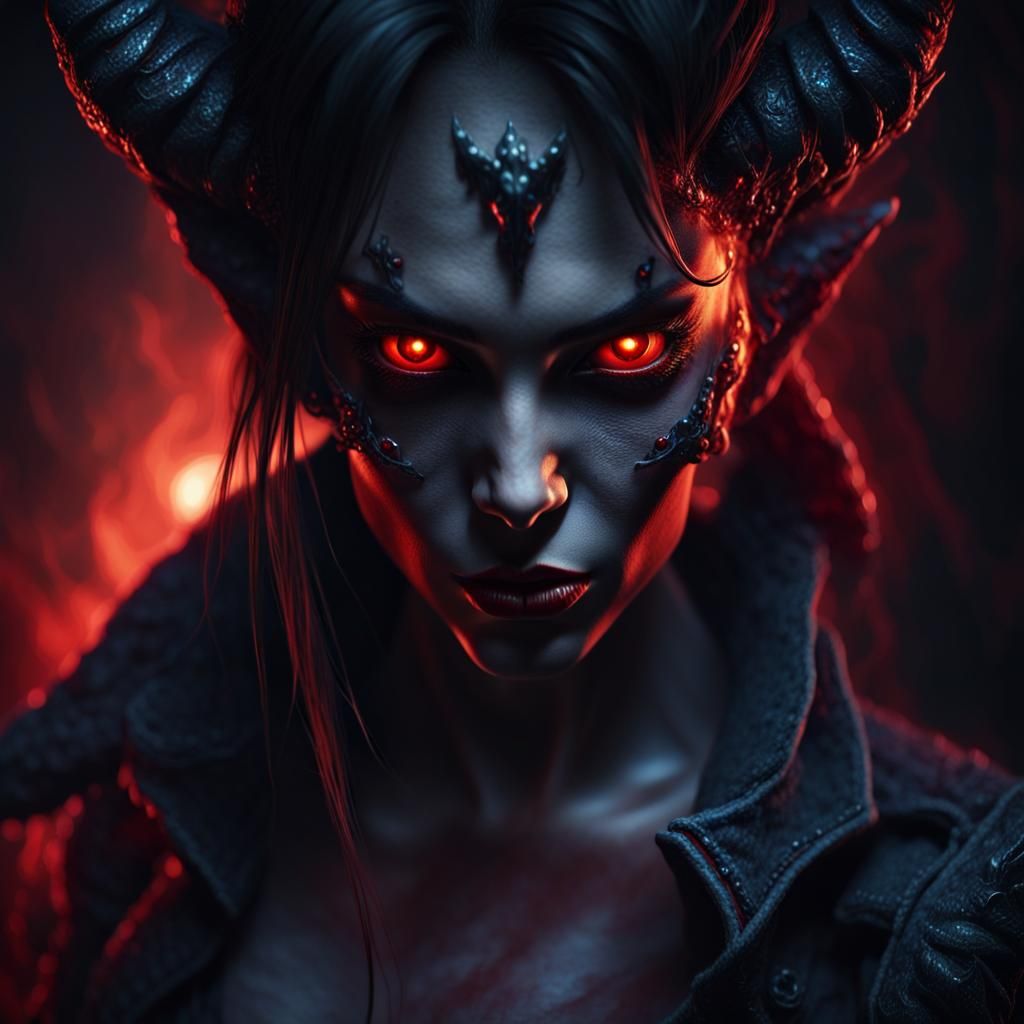 A beautiful female demon in jeans, her skin red and eyes glo...