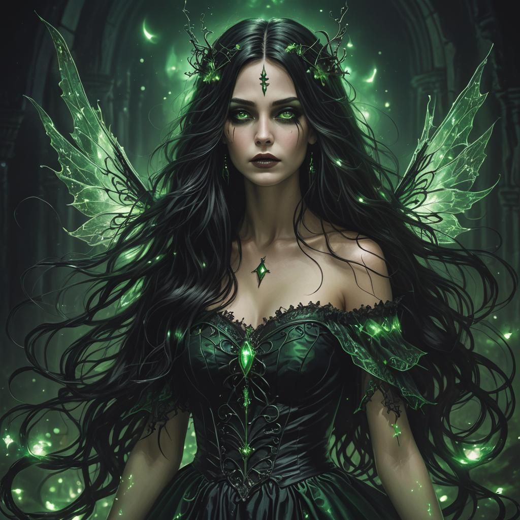 Gothic Sorceress with Green Fairy Wings