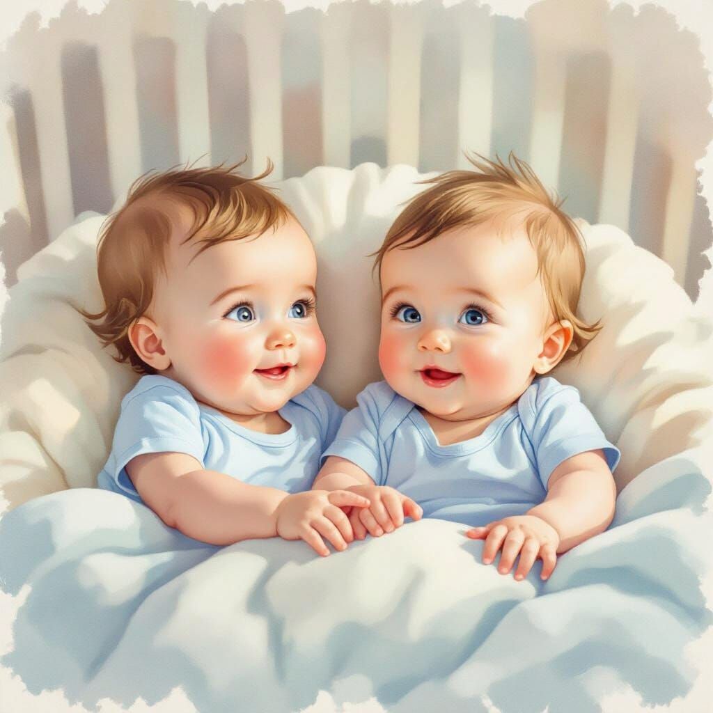 Adorable Baby Twins in Soft Nursery Watercolor Style