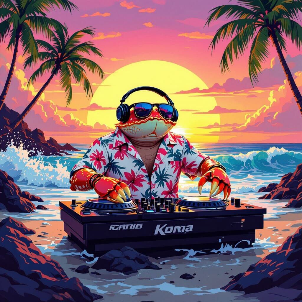 Crab DJ on Kona Beach at Sunset