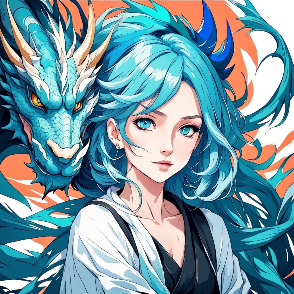 Woman with Cyan Hair and Azure Dragon in Anime Style