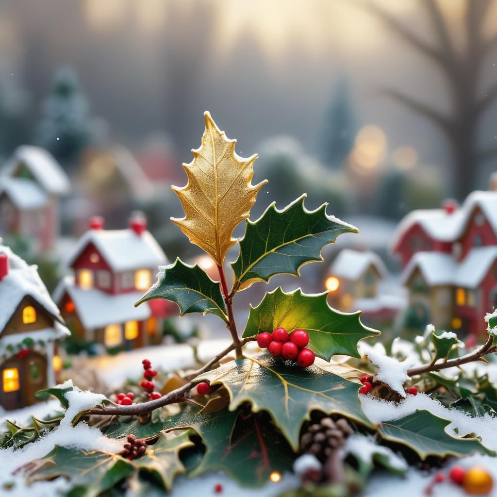 Christmas Village on Holly Leaf: Miniature Macro Art