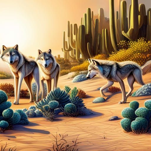 Ultra Realistic Timber Wolves in Desert Scene