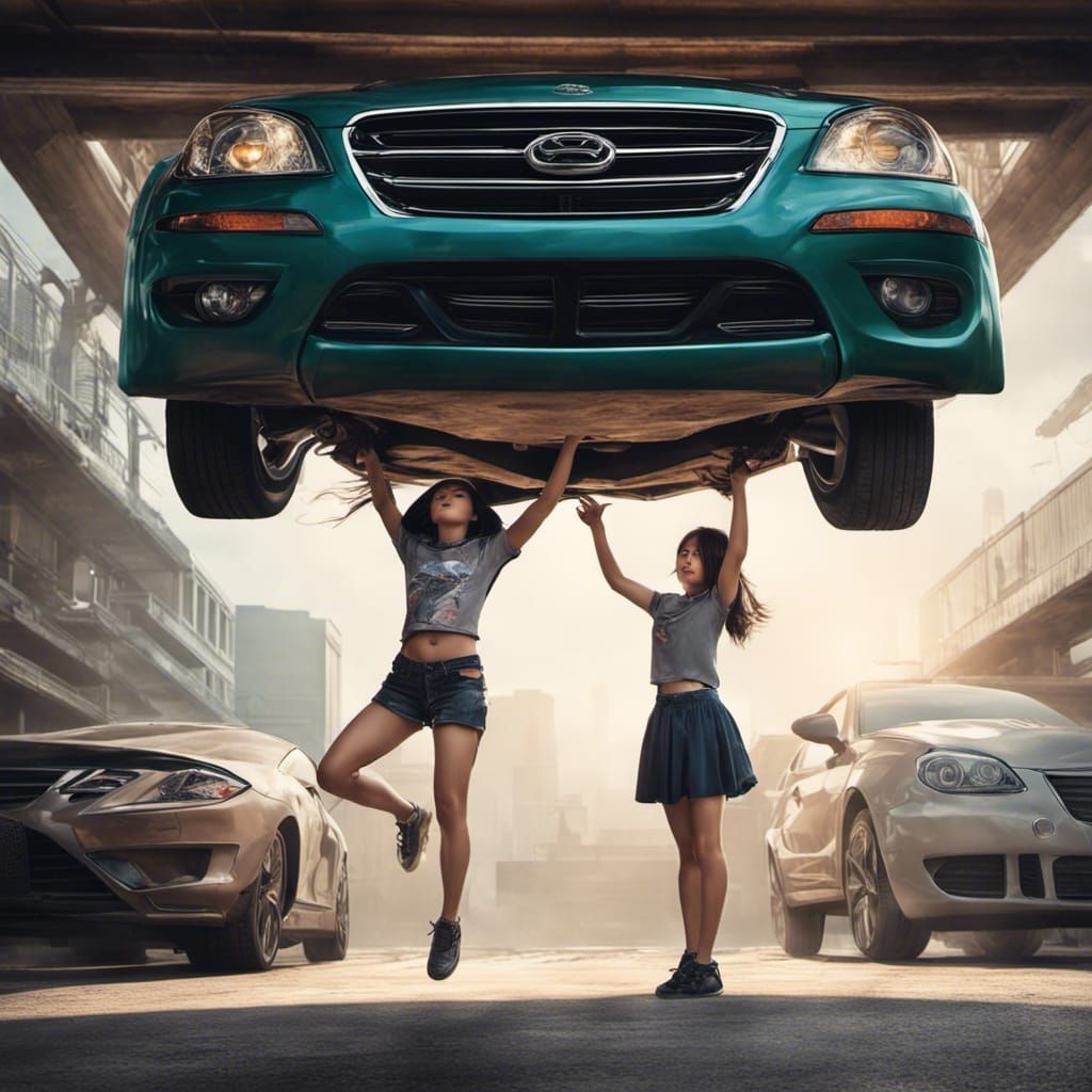 Super Strength Girl Lifts Car in Hyperrealistic Photo