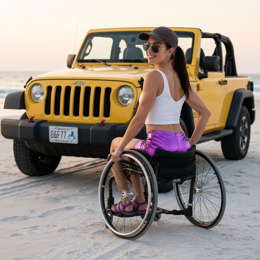 Woman in Wheelchair Poses with Yellow Jeep on Beach at Sunse...