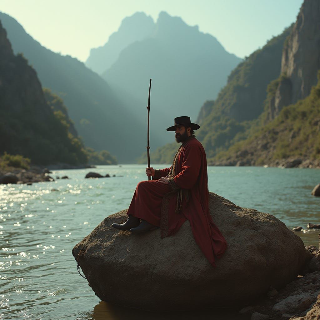 Man with Pipe on Riverside Swing, Cinematic Style