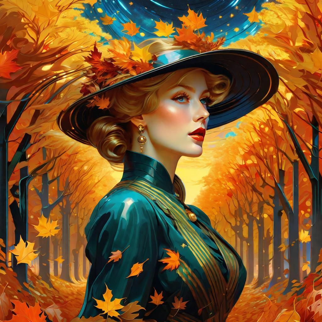 Baroque Autumn Woman in Celestial Landscape