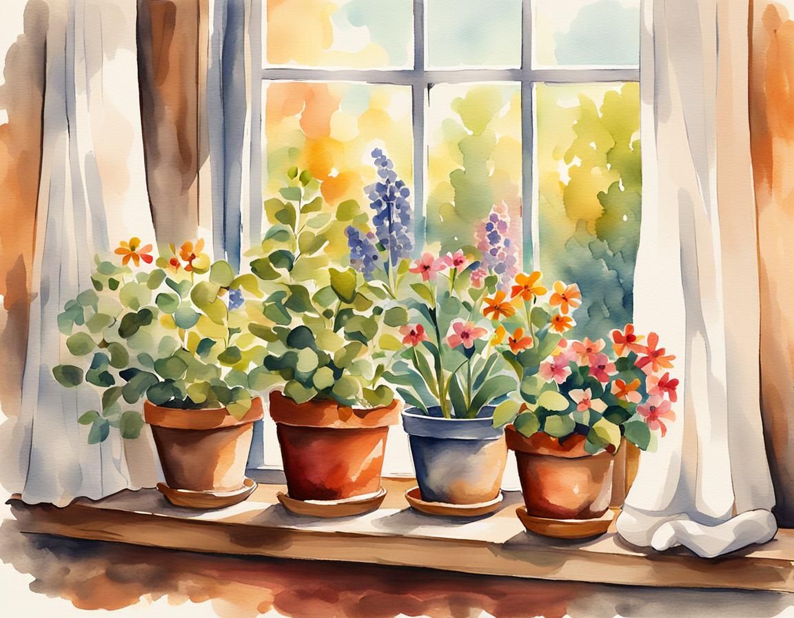 Whimsical Potted Plants in Watercolor Folk Art