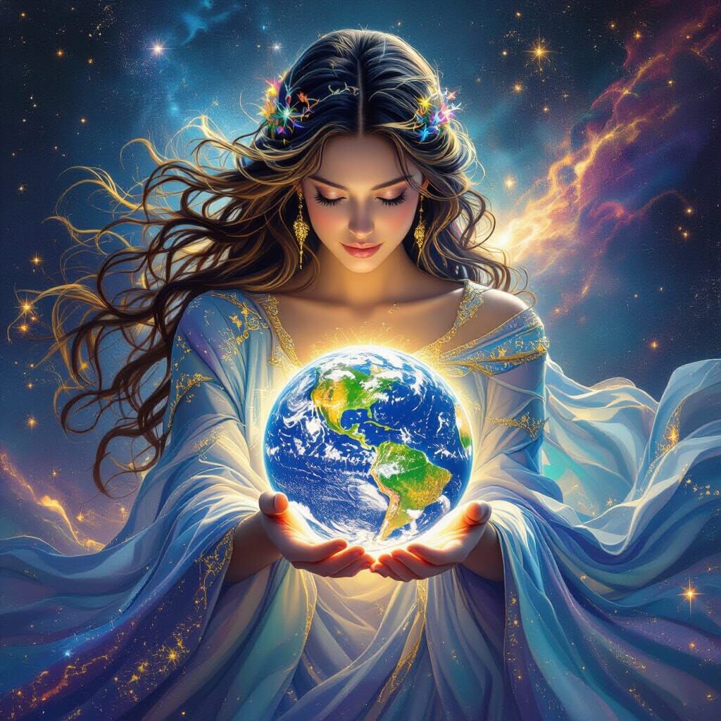 Celestial Goddess Holding Earth in Cosmic Digital Painting