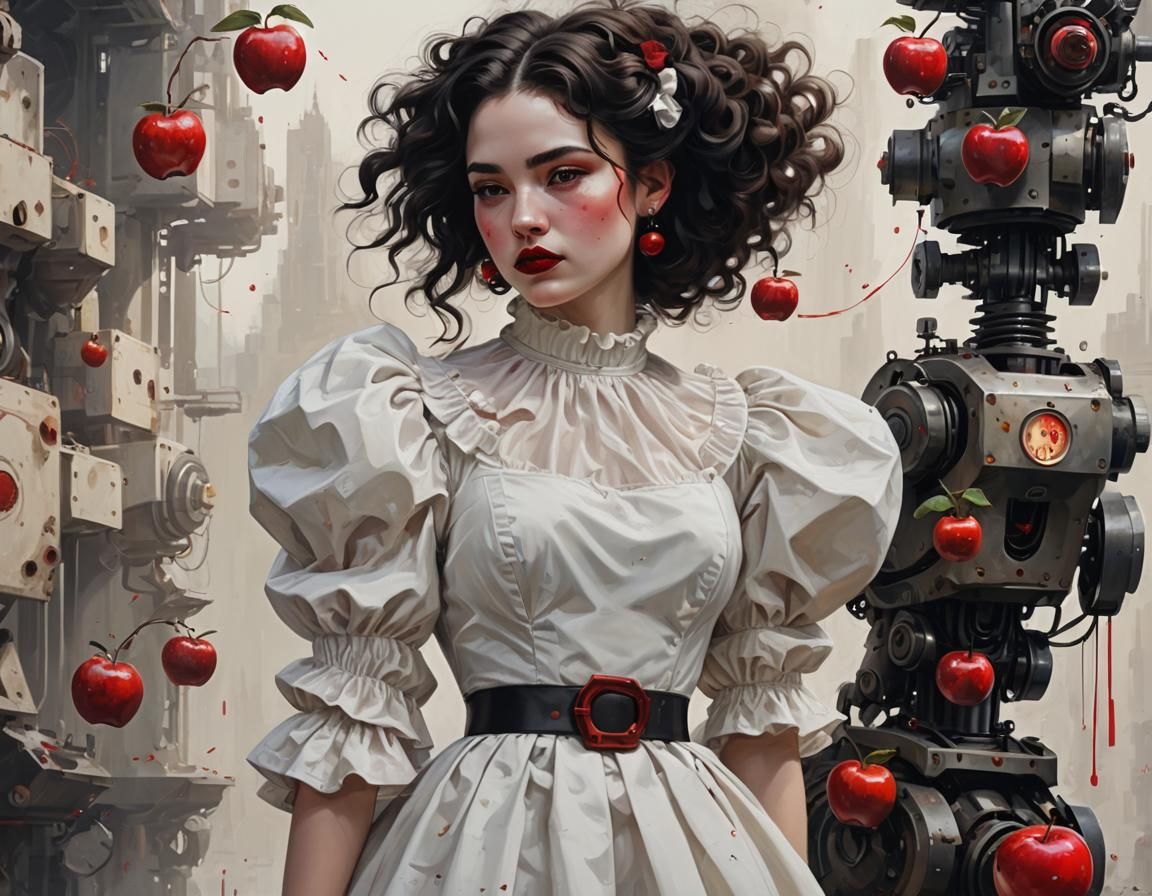 Snow White Portrait with Robot and Gnomes