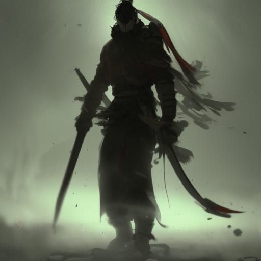 Dark Fantasy Samurai in Blizzard Storm