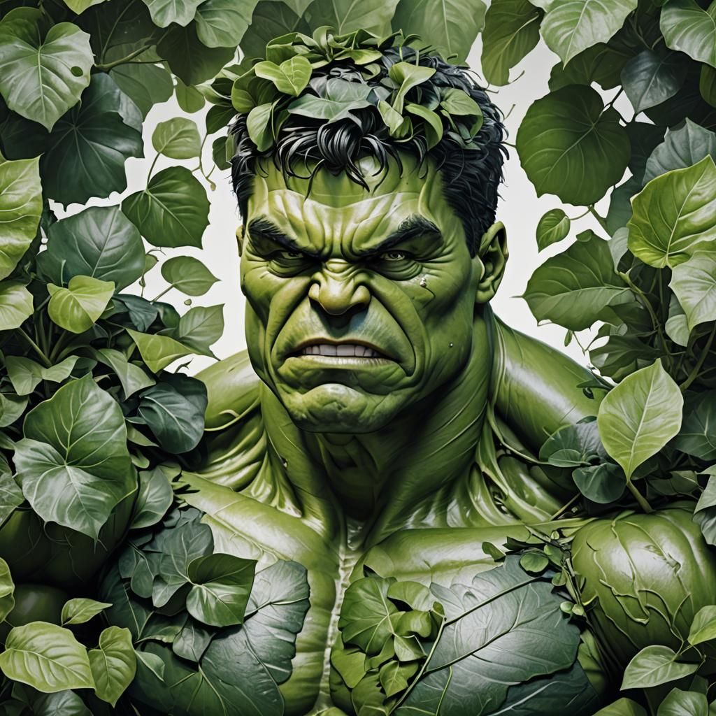 Hyperrealistic Hulk Covered in Green Leaves