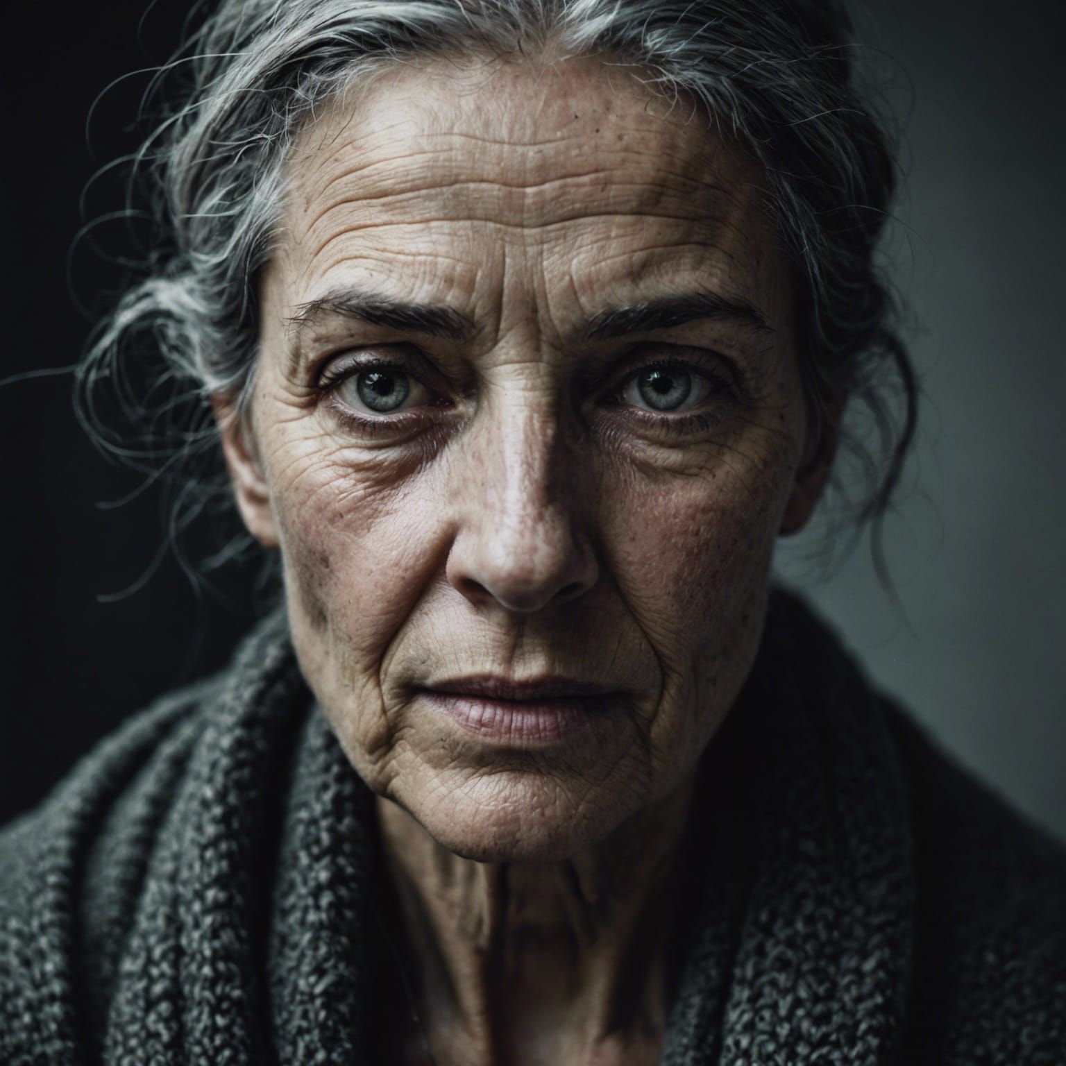 Intense Portrait of Grey-Haired Woman