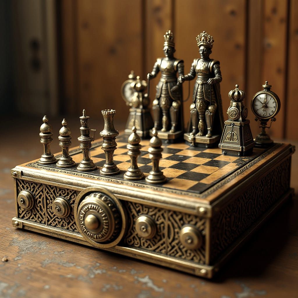 Steampunk Chess Board with Pieces in 3D