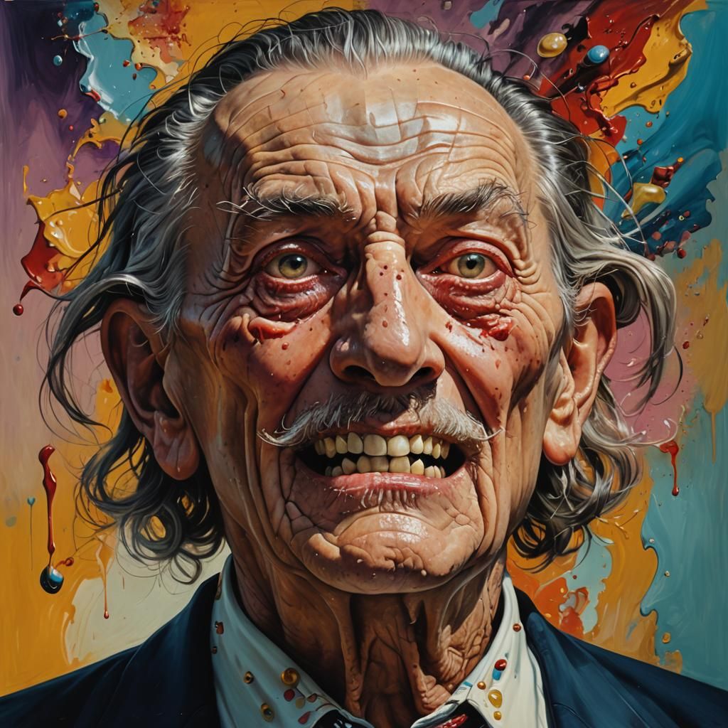 A Dali like portrait of an old man with several missing teeth.