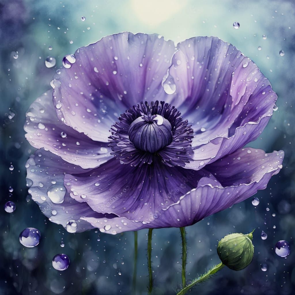 Purple Poppy in Shimmering Water, Watercolor Style
