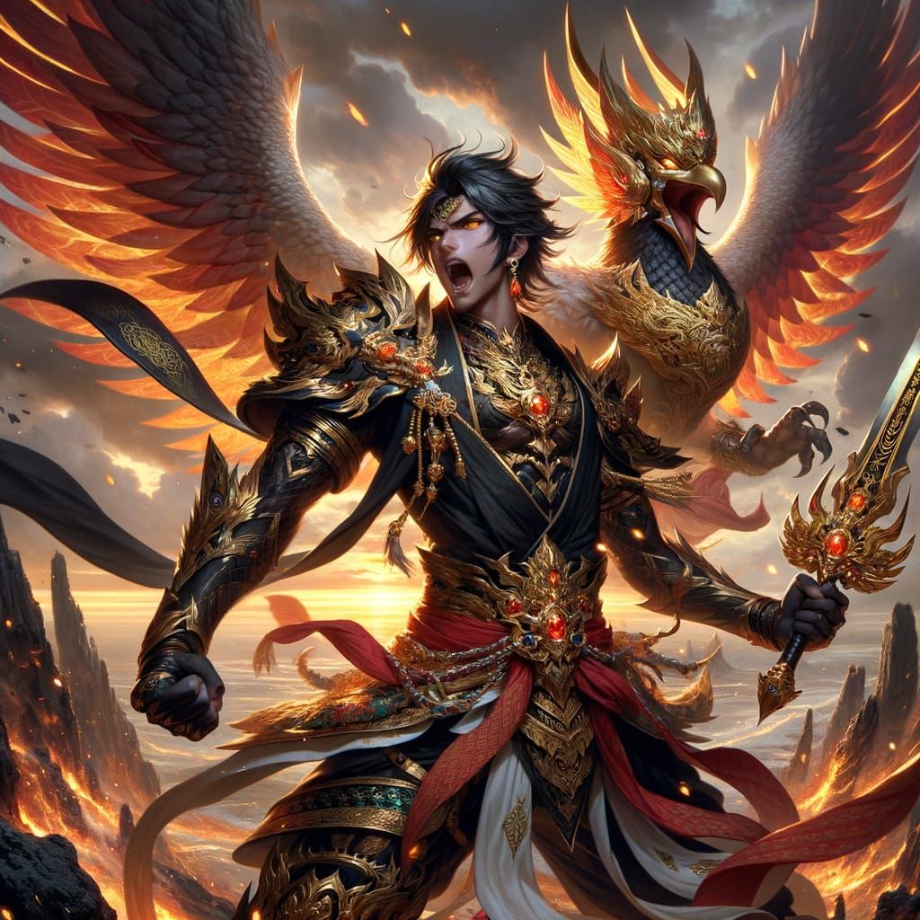 Victorious War General with Fire Garuda, Anime Concept Art