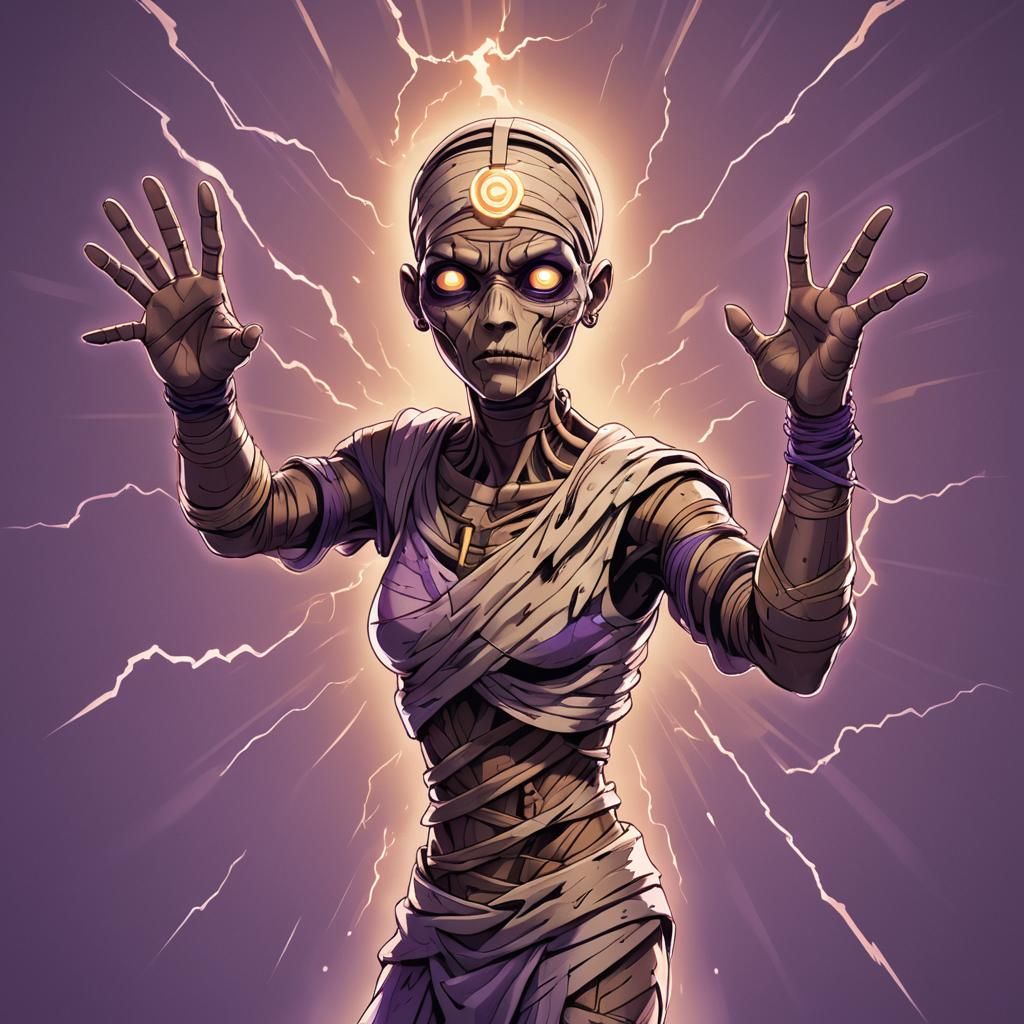 Eerie Anime Mummy with Glowing Tattoo Illustration