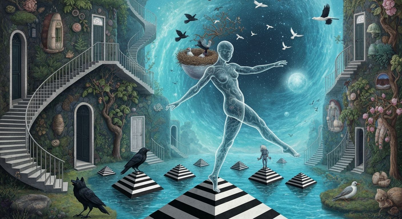 Bioluminescent Dancer in Surreal Mindscape Utopia