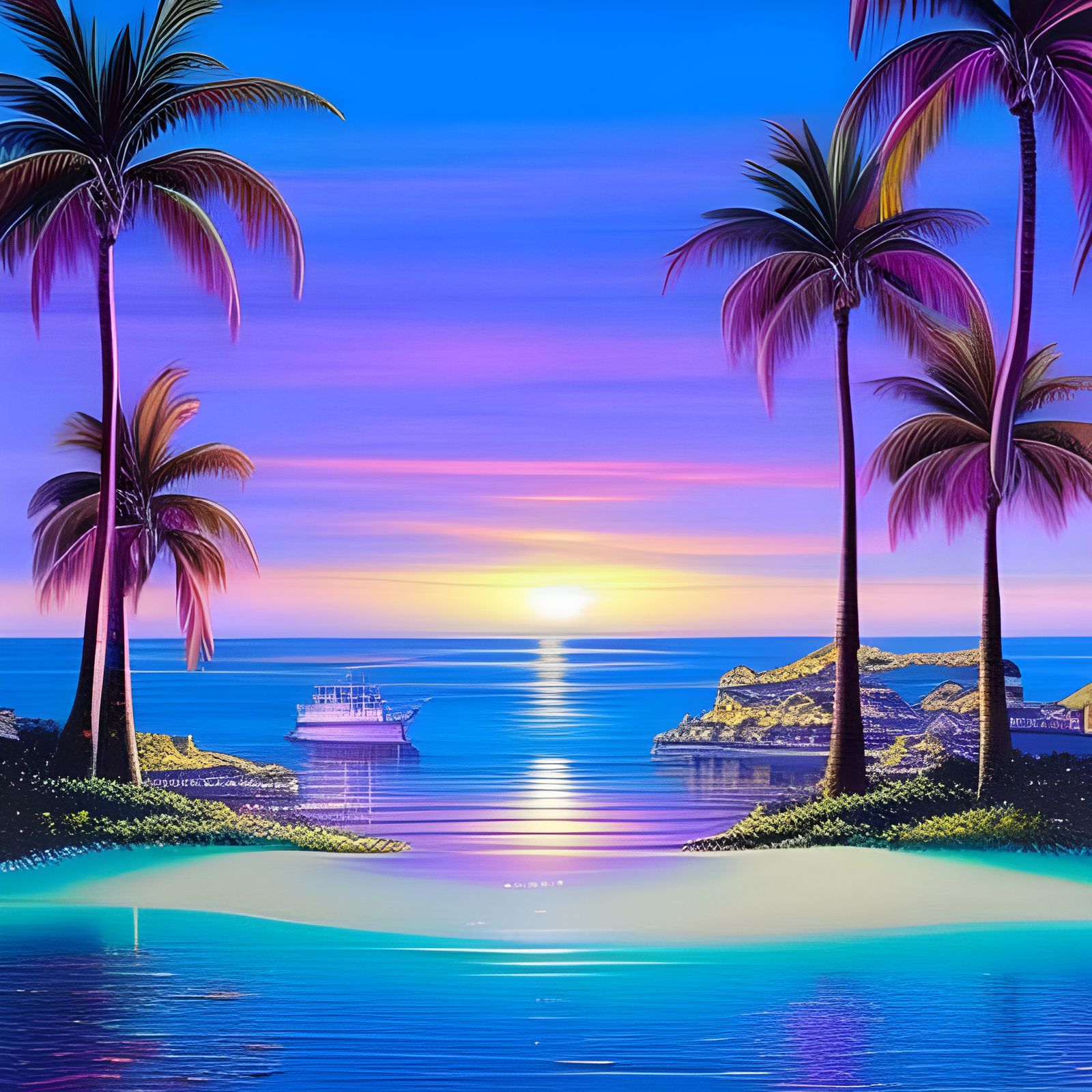 Romantic City Beach at Night in Hyperrealistic Style