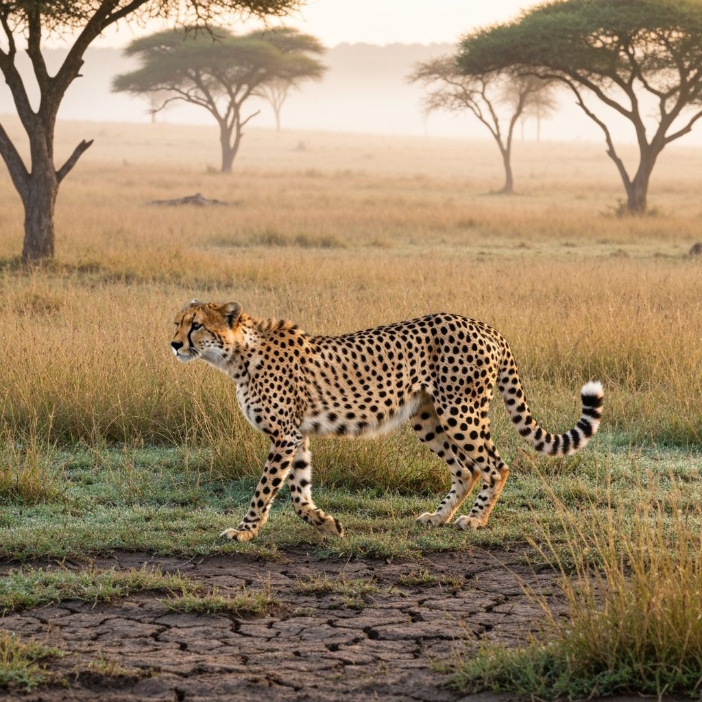 Agile Cheetah in Golden Savannah Dawn Light