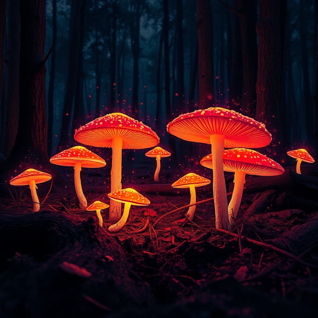 Fluorescent Mushrooms Light Dark Forest: Graffiti Art