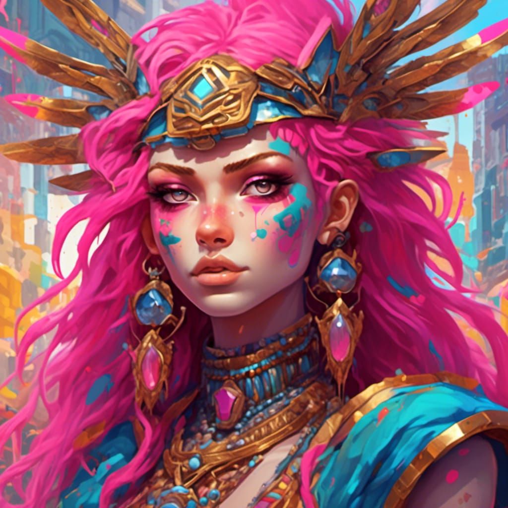 Egyptian Priestess with Pink Hair in Graffiti Art Style