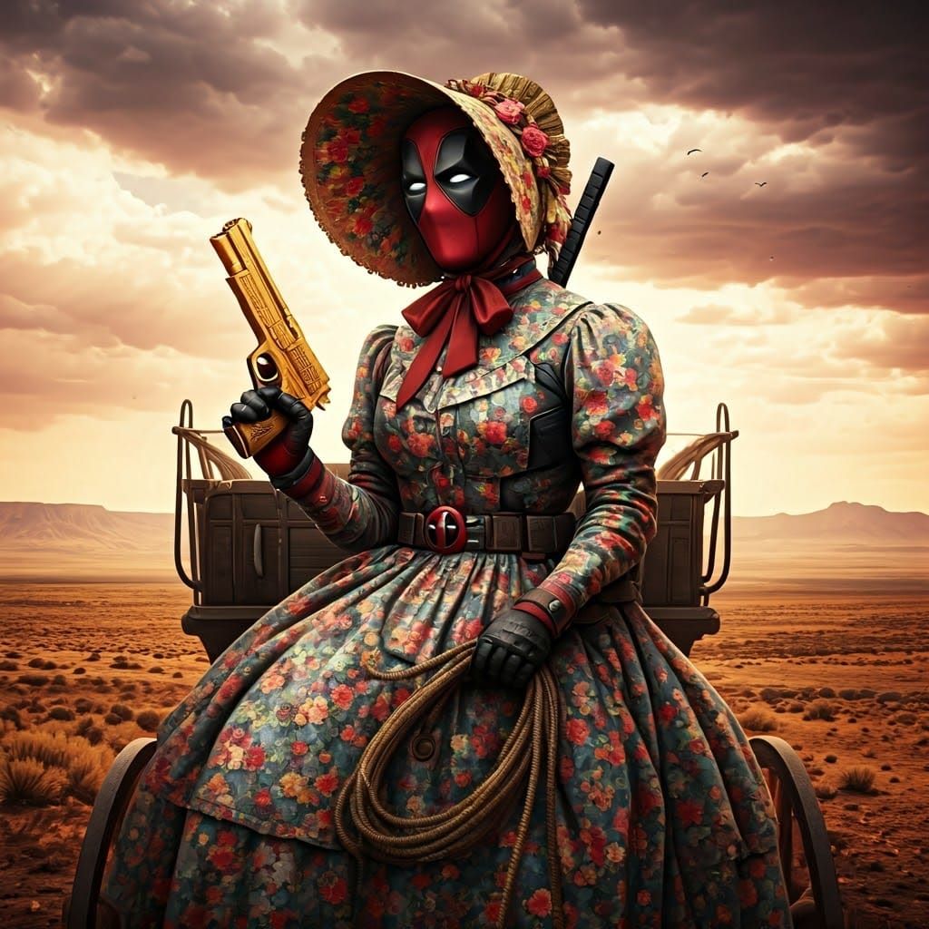 Deadpool in Floral Dress with Pistol, Cinematic Style