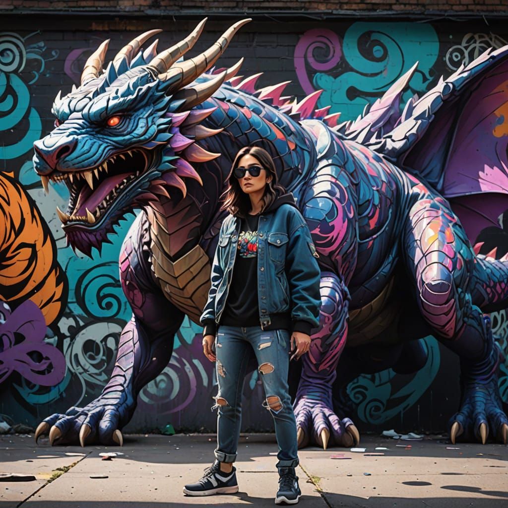 Girl Faces Dragon and Tiger in Epic Urban Street Art