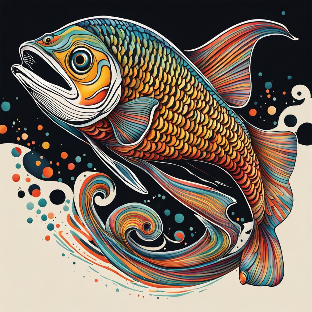 Serpentine Fish Leaps from Ink Illustration