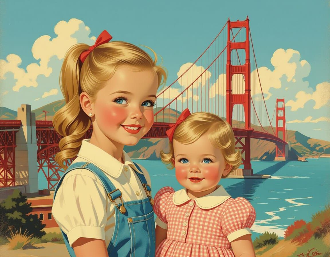 Blonde Girl and Toddler at Golden Gate Bridge