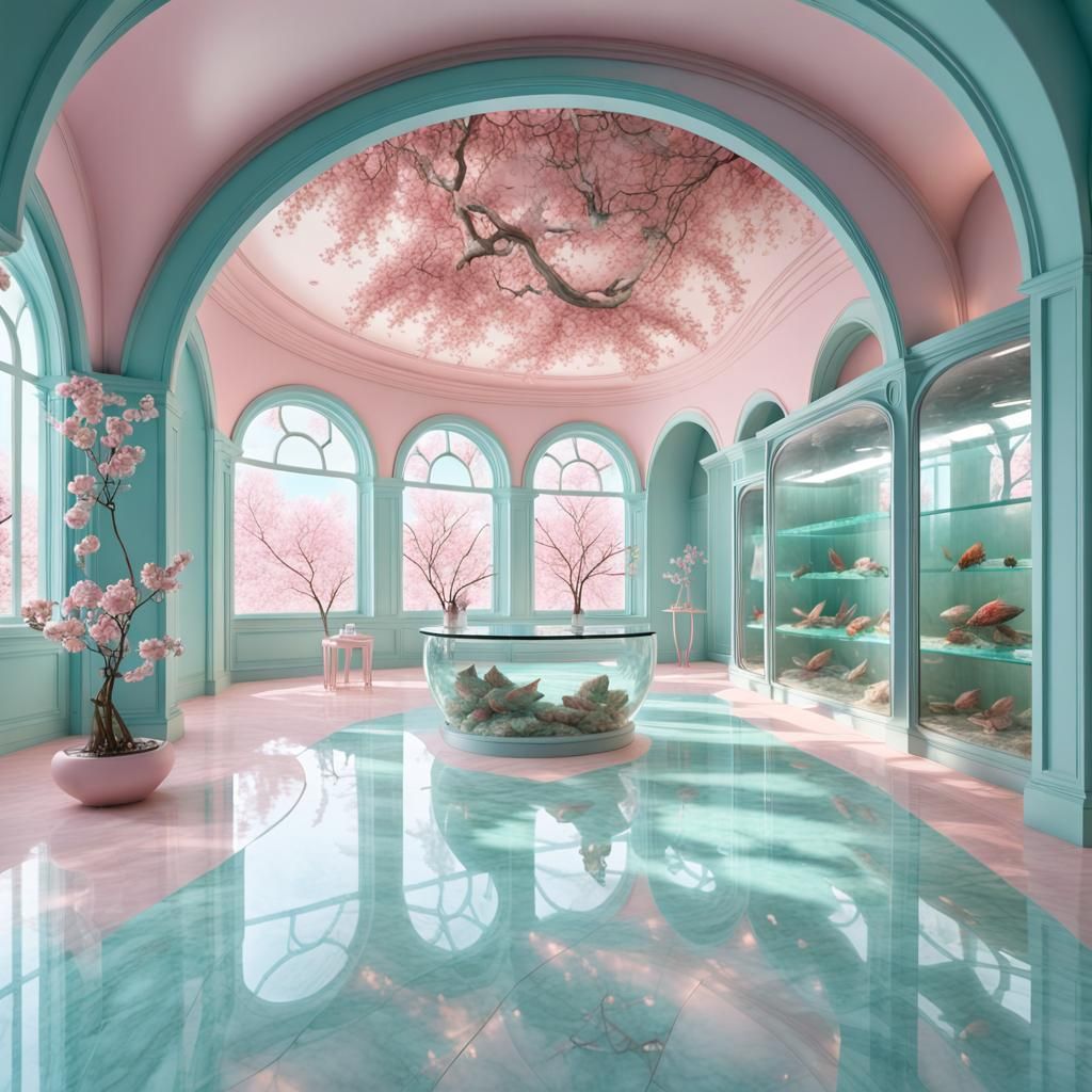 Futuristic Lounge with Pastel Aquarium in 8K