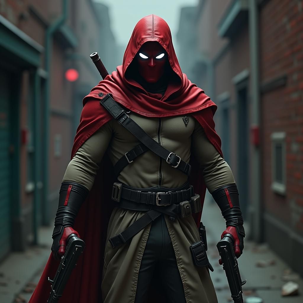 Red-Hooded Vigilante in Futuristic Alleyway