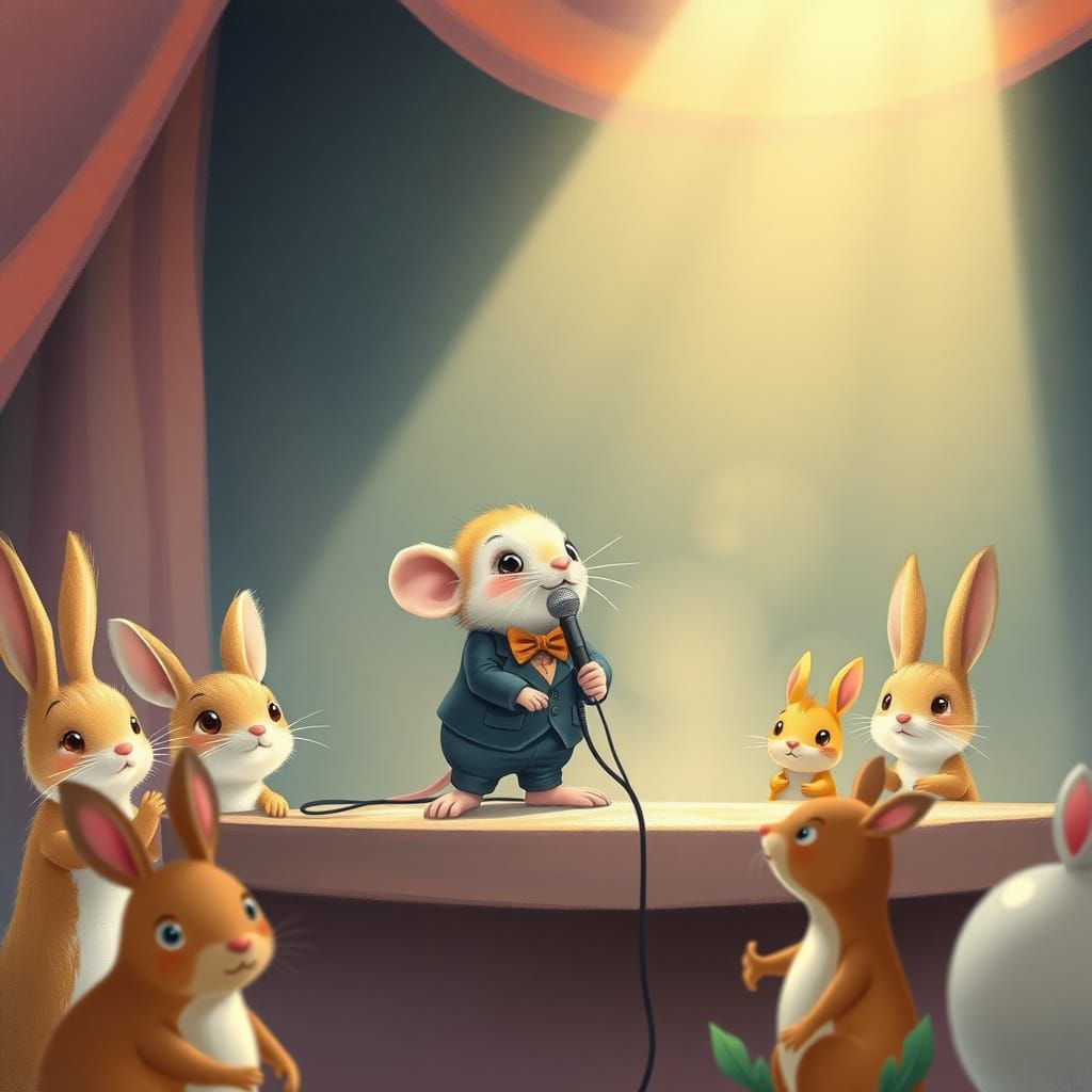 Shy Mouse's Spotlight Debut: A Pastel Storybook Scene