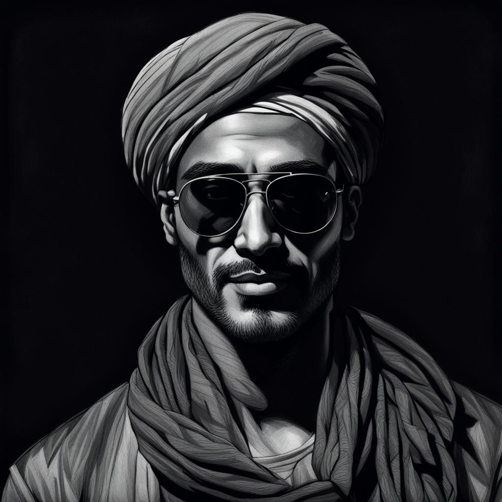 Young Arab Explorer in Charcoal Drawing with Chiaroscuro Lig...