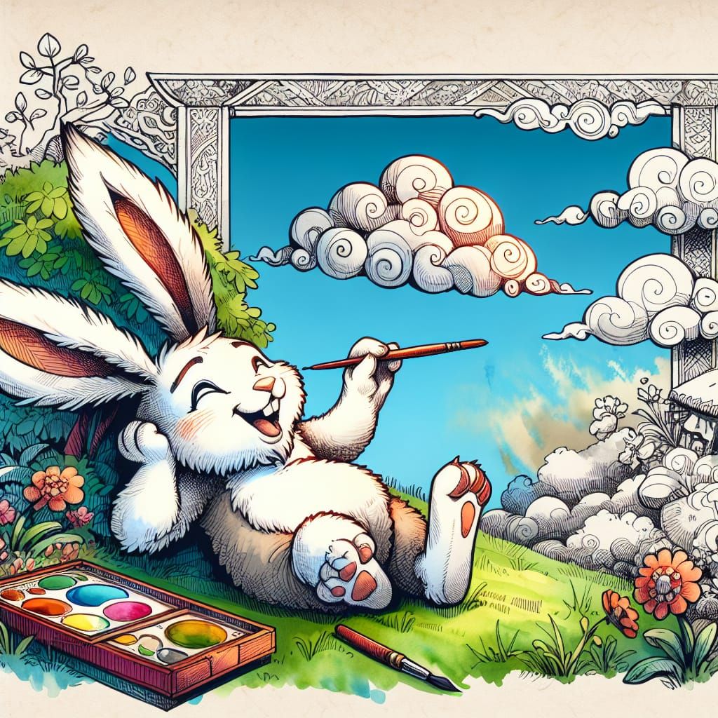 Joyful Bunny Cloud-Watching in Watercolor Style