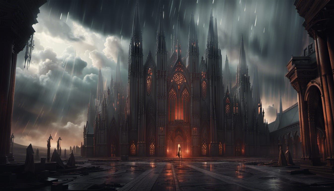 Gothic Cathedral Inspired by Sith Temples in Storm